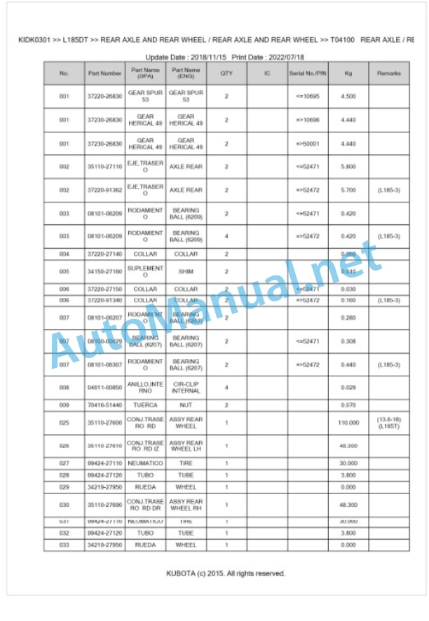 Kubota L185DT Parts Manual PDF BKIDK0301-5