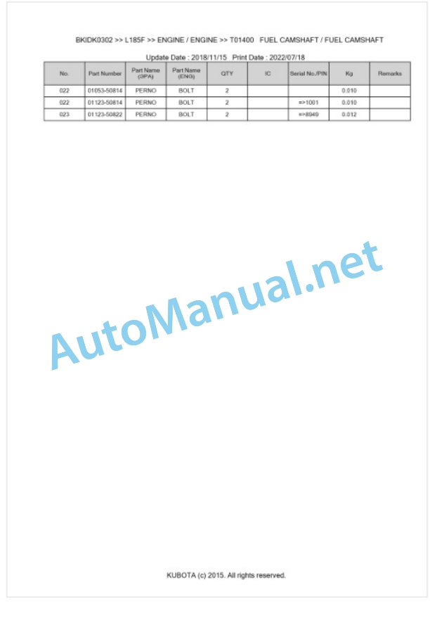 Kubota L185F Parts Manual PDF BKIDK0302-2