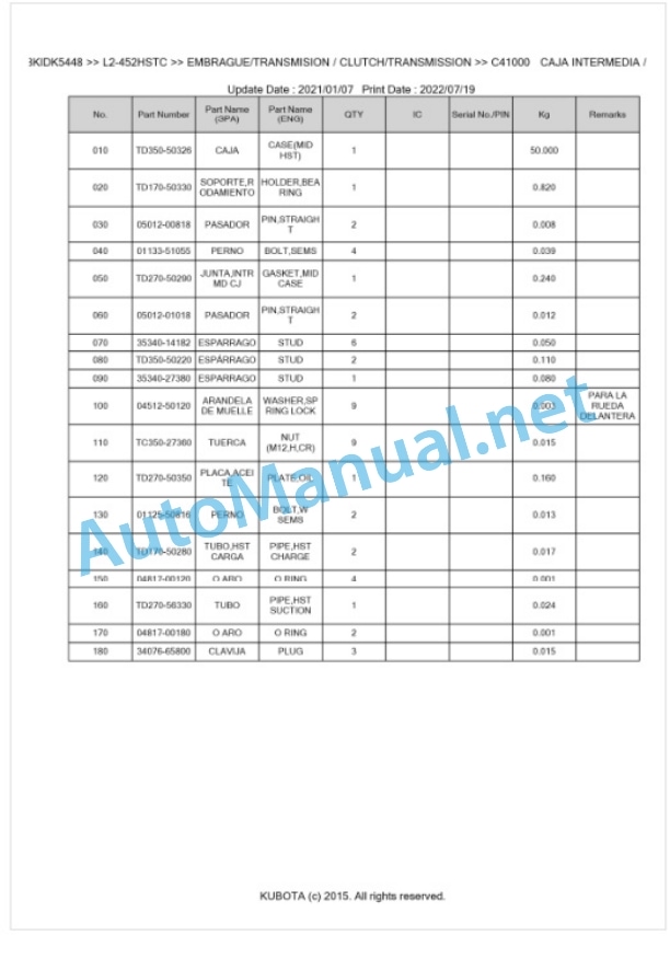 Kubota L2-452HSTC Parts Manual PDF BKIDK5448-3