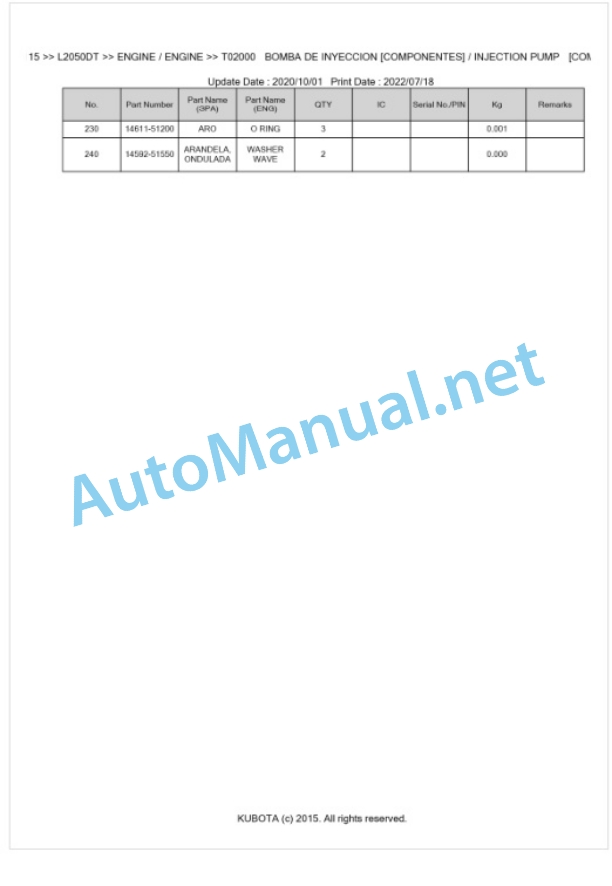 Kubota L2050DT Parts Manual PDF BKIDK0115-2