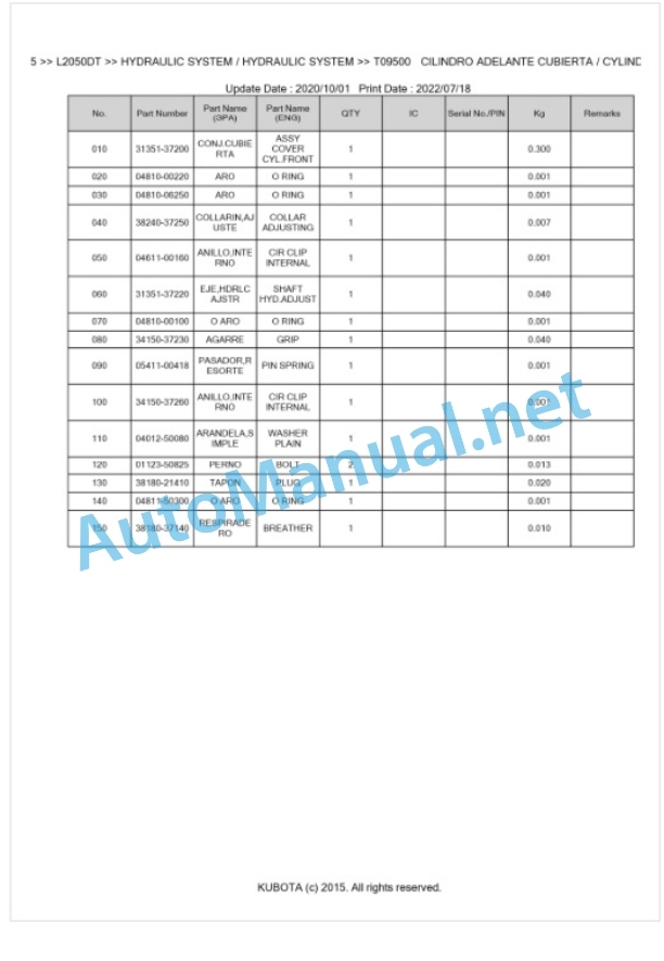 Kubota L2050DT Parts Manual PDF BKIDK0115-5