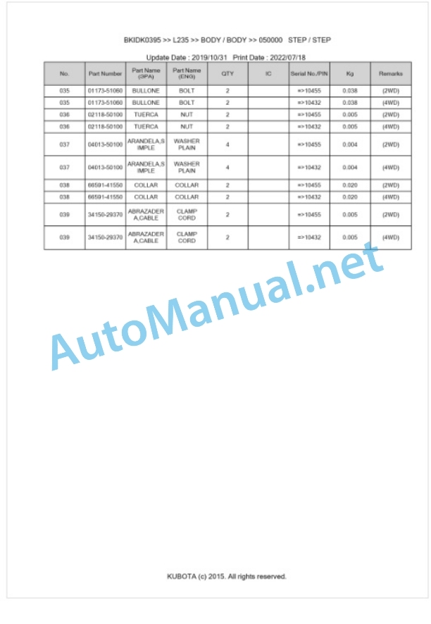 Kubota L235 Parts Manual PDF BKIDK0395-3