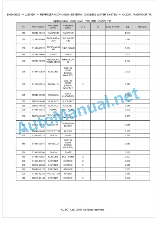 Kubota L2351DT Parts Manual PDF BKIDK5382-2