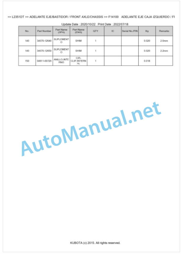 Kubota L2351DT Parts Manual PDF BKIDK5382-4