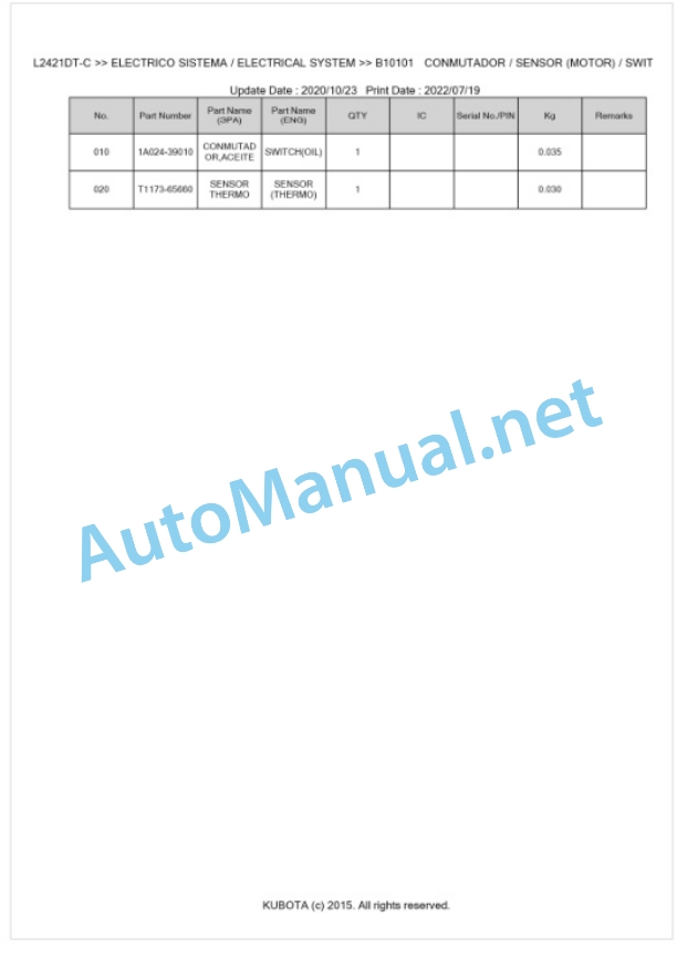 Kubota L2421DT-C Parts Manual PDF BKIDK5264-2