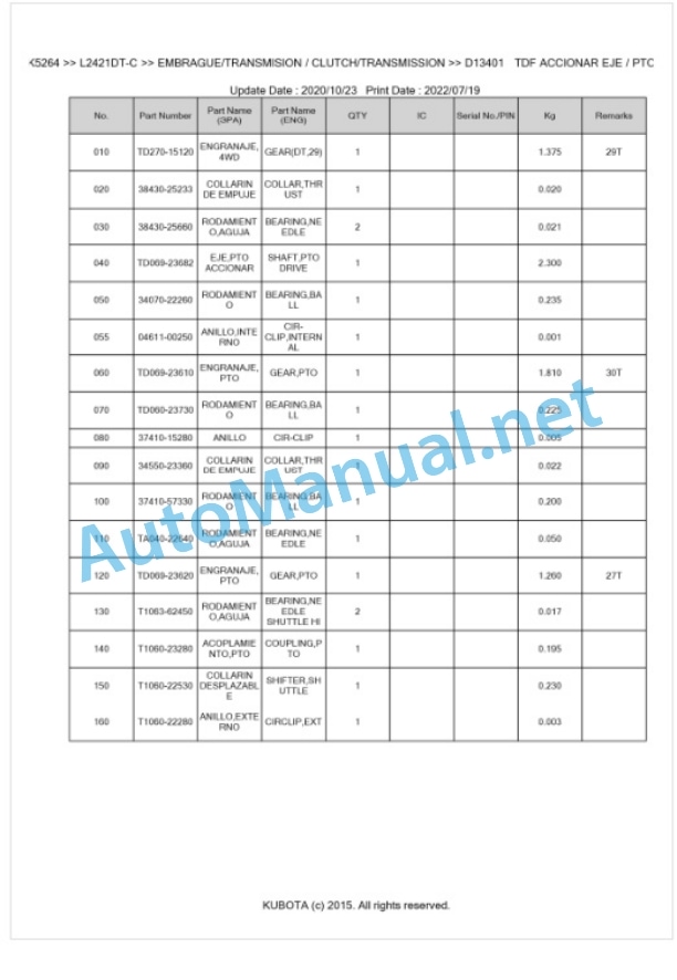 Kubota L2421DT-C Parts Manual PDF BKIDK5264-3