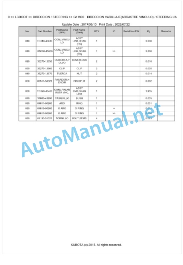 Kubota L2500DT, L3000DT Parts Manual PDF BKIDK0429-4