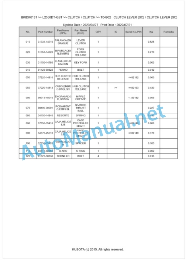 Kubota L2550DT-GST Parts Manual PDF BKIDK0131-3