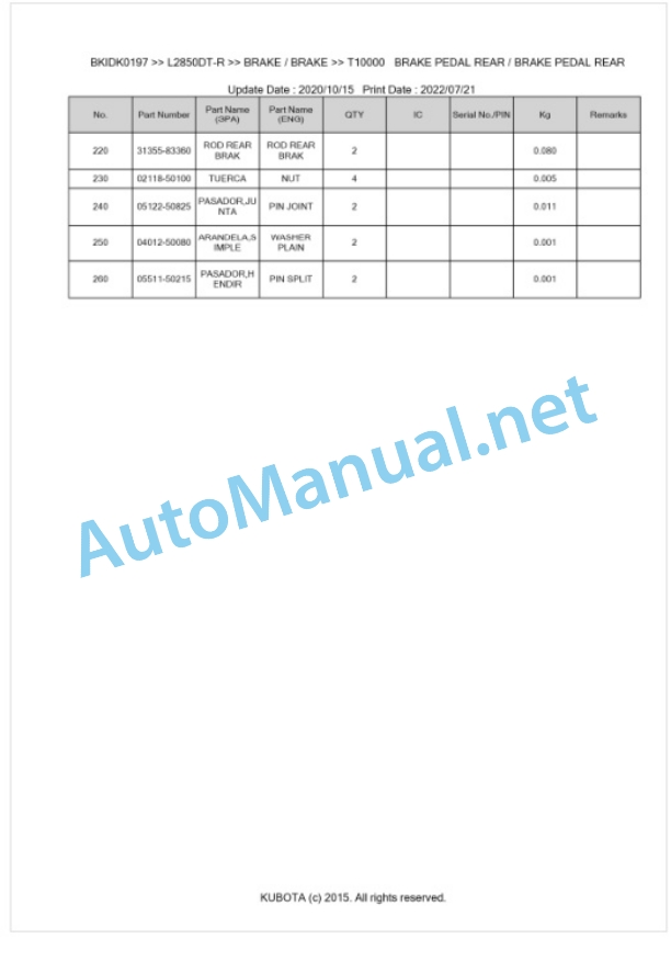 Kubota L2850DT-R Parts Manual PDF BKIDK0197-4