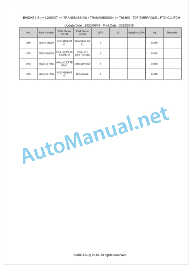 Kubota L2900DT Parts Manual PDF BKIDK5115-3