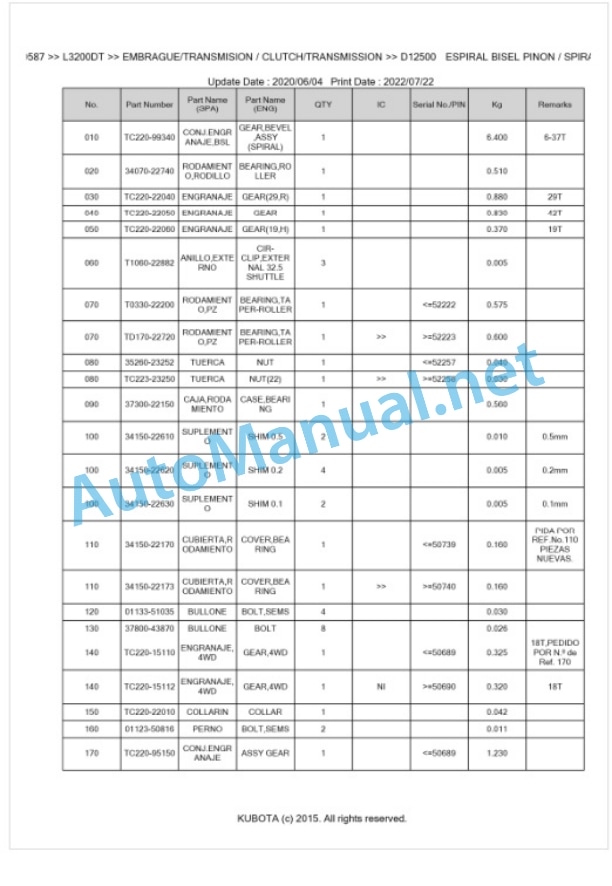 Kubota L3200DT Parts Manual PDF BKIDK0587-3