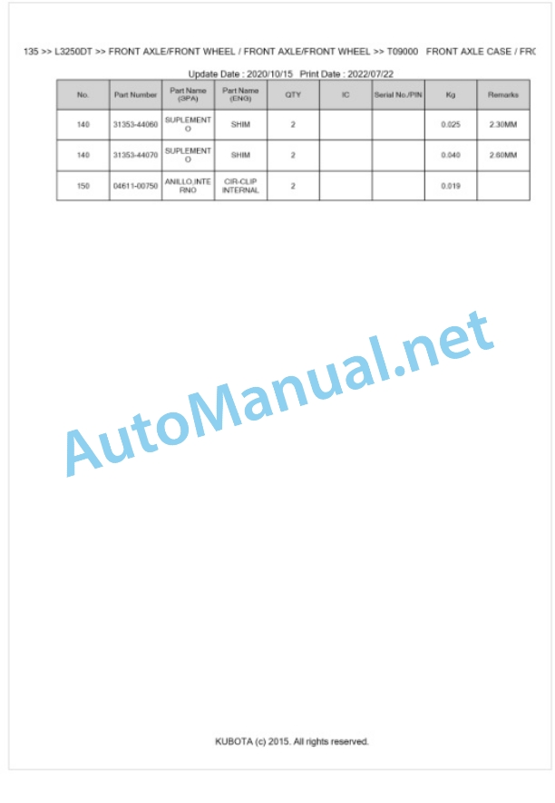 Kubota L3250DT Parts Manual PDF BKIDK0135-4