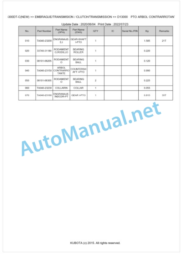 Kubota L3300DT-C Parts Manual PDF BKIDK0093-3