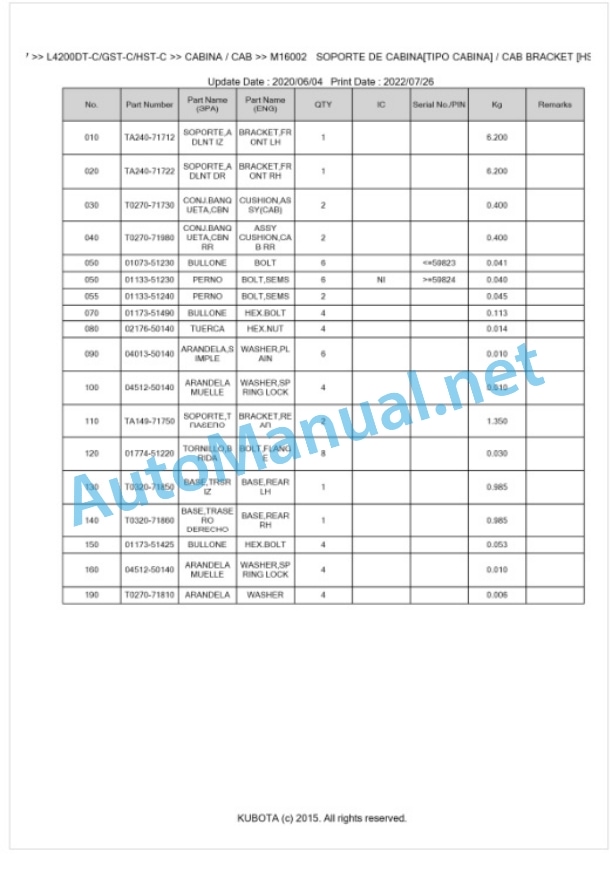 Kubota L3600-C, L4200-C Parts Manual PDF BKIDK0097-5