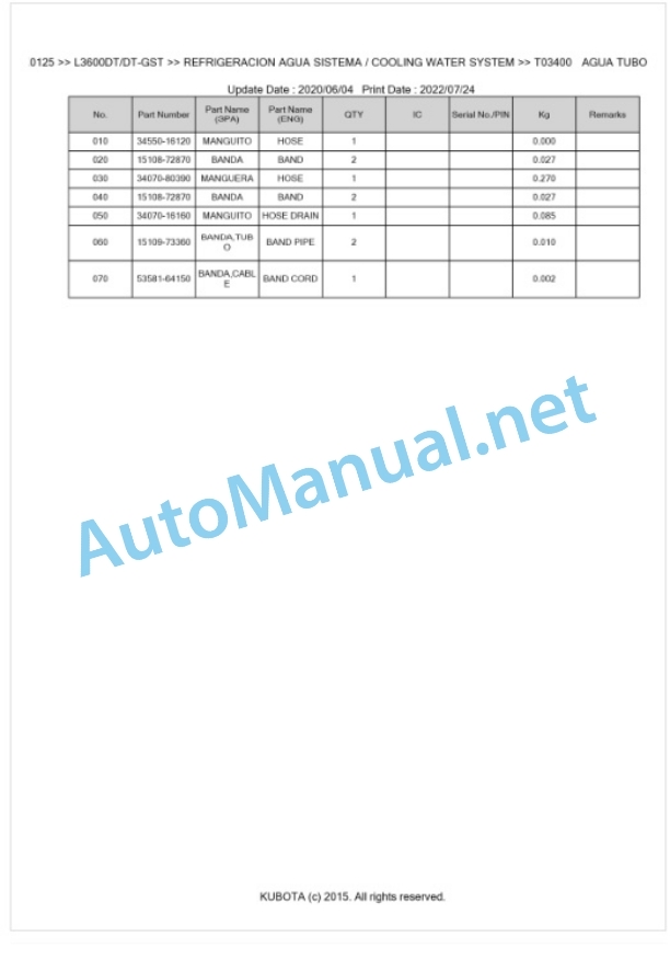 Kubota L3600, L4200 (Old Model) Parts Manual PDF BKIDK0125-2