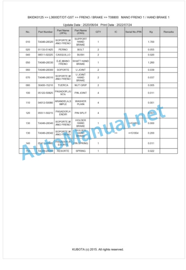 Kubota L3600, L4200 (Old Model) Parts Manual PDF BKIDK0125-4