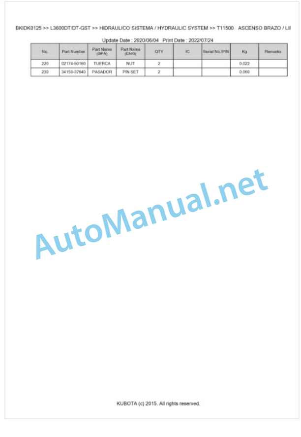 Kubota L3600, L4200 (Old Model) Parts Manual PDF BKIDK0125-5