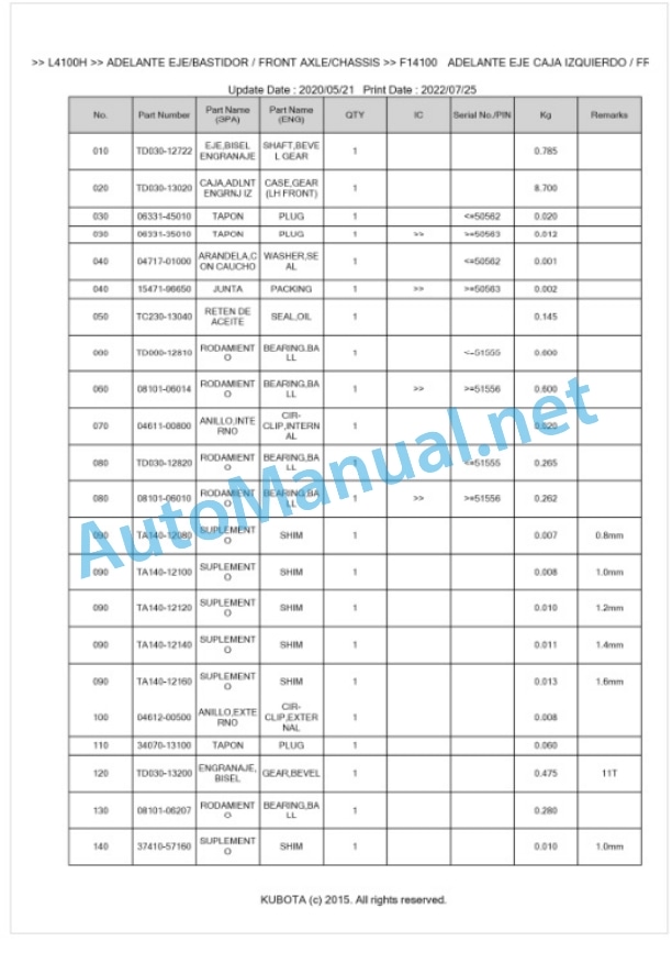 Kubota L4100H Parts Manual PDF BKIDK5012-4