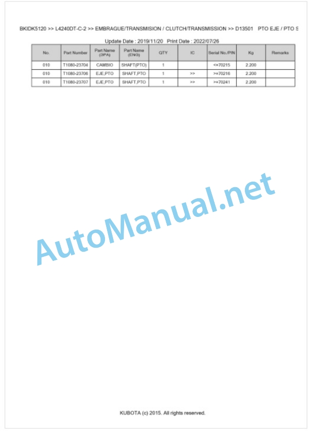 Kubota L4240DT-C-2, L5040DT-C-2, L5040GST-C-2 Parts Manual PDF BKIDK5120-3