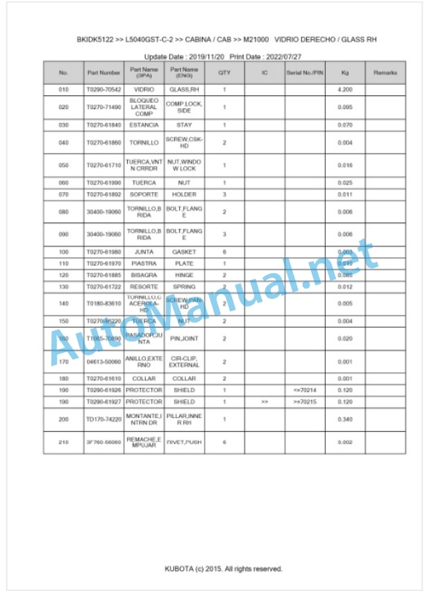 Kubota L4240DT-C-2, L5040DT-C-2, L5040GST-C-2 Parts Manual PDF BKIDK5122-5