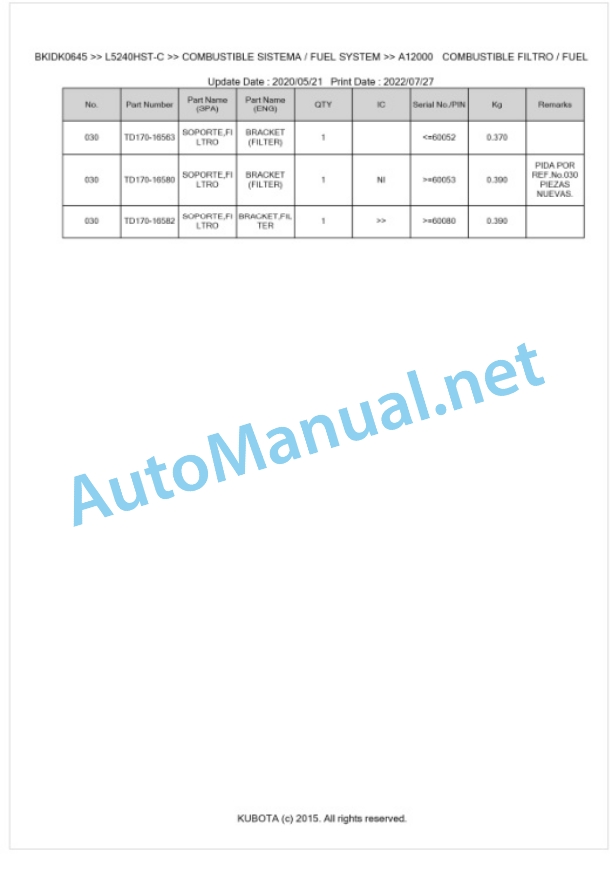 Kubota L5240HST-C, L5740HST-C Parts Manual PDF BKIDK0645-2