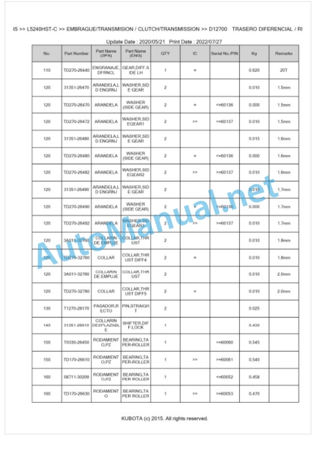 Kubota L5240HST-C, L5740HST-C Parts Manual PDF BKIDK0645-3