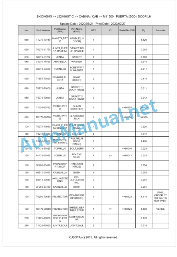 Kubota L5240HST-C, L5740HST-C Parts Manual PDF BKIDK0645-5