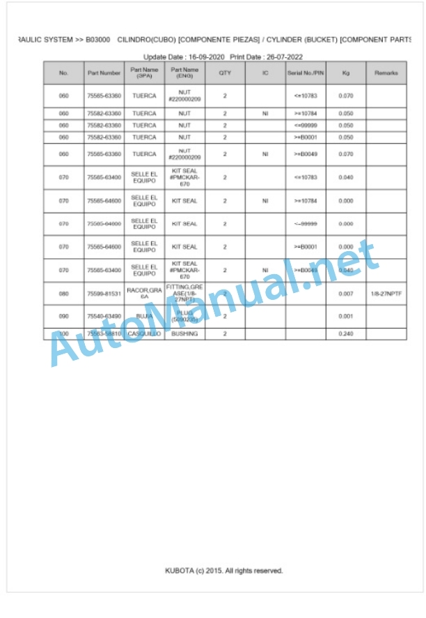 Kubota LA1002-57C Parts Manual PDF BKIDK5036-5