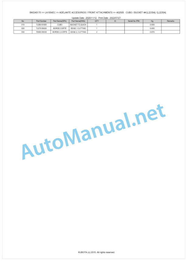 Kubota LA1054EC Parts Manual PDF BKIDA5170-3