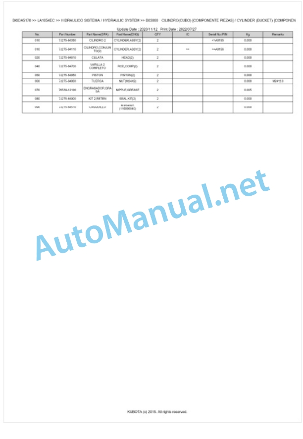 Kubota LA1054EC Parts Manual PDF BKIDA5170-4