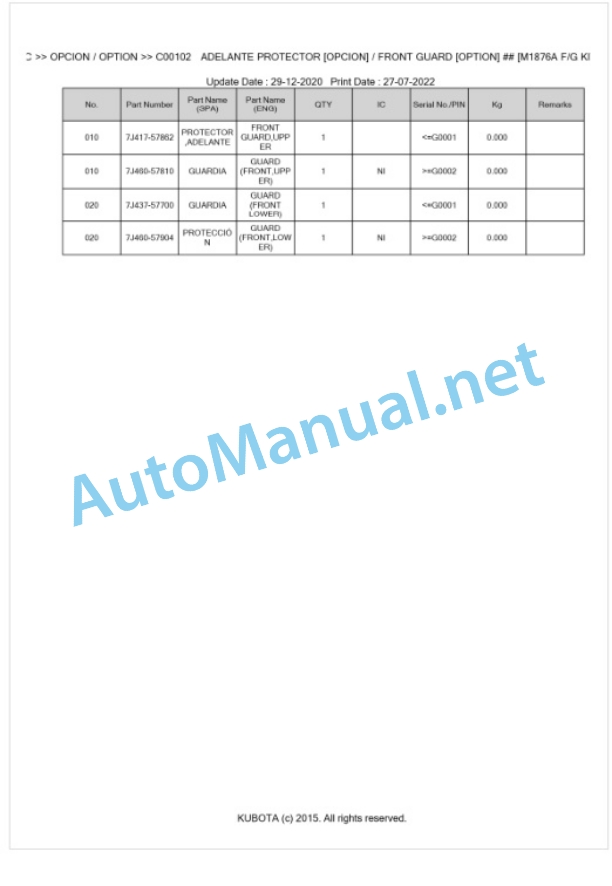 Kubota LA1154EC Parts Manual PDF BKIDA5060-4