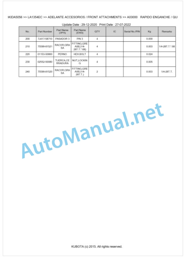 Kubota LA1354EC Parts Manual PDF BKIDA5056-2