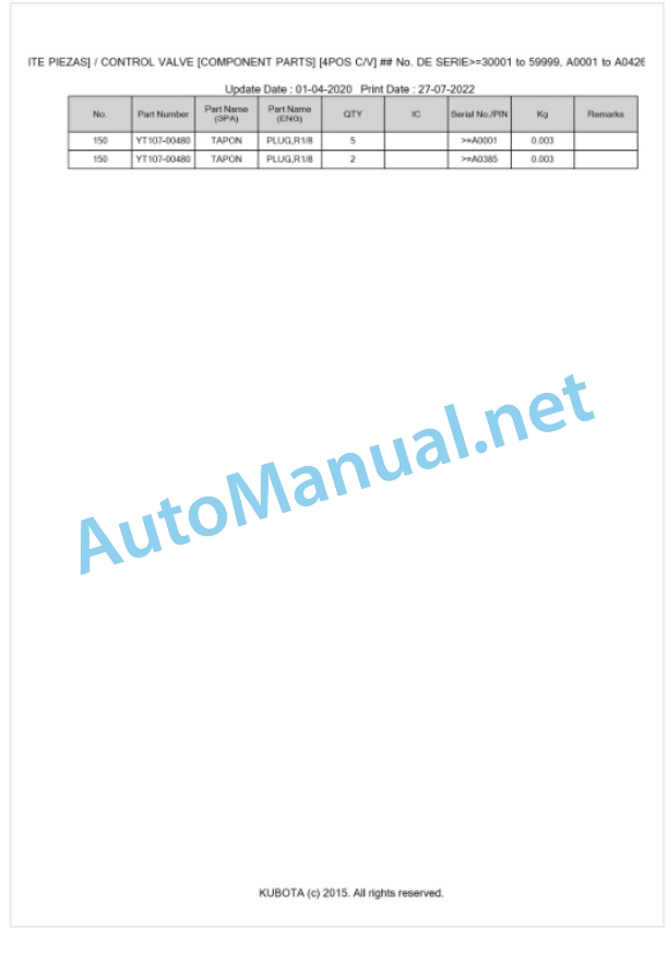 Kubota LA211 Parts Manual PDF BKIDA0291-3