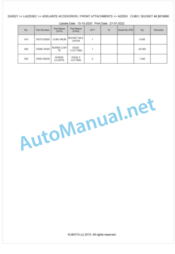 Kubota LA2253EC Parts Manual PDF BKIDA5021-2