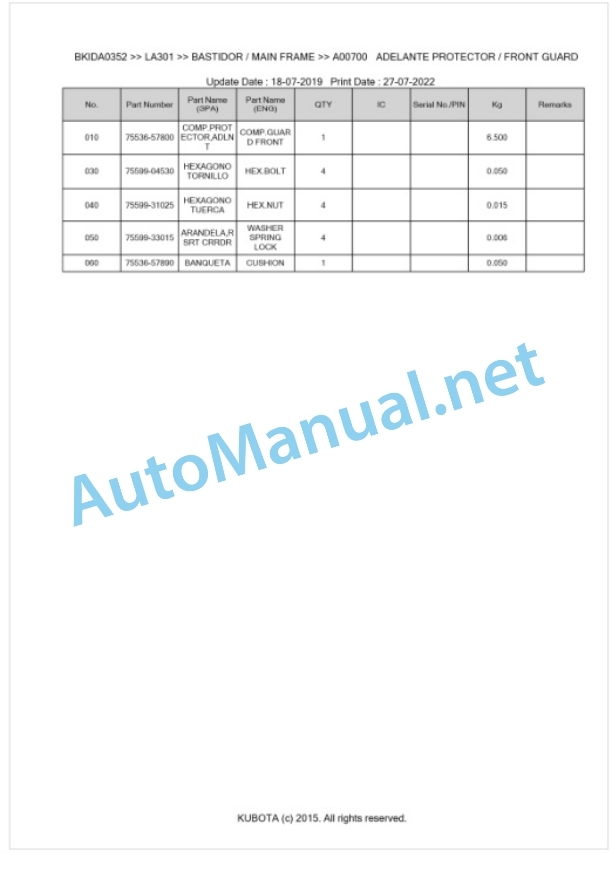 Kubota LA301 Parts Manual PDF BKIDA0352-2