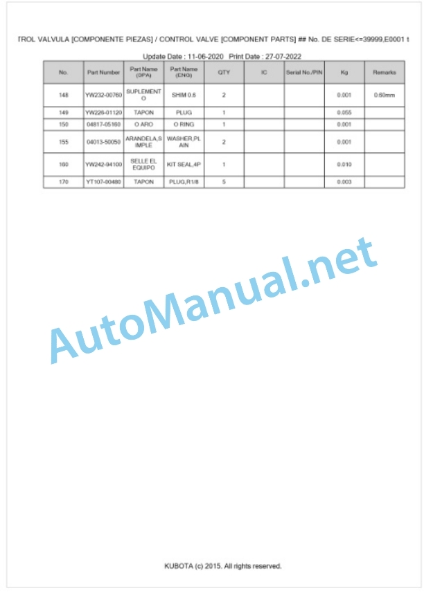 Kubota LA302-1-CFL Parts Manual PDF BKIDA5022-3