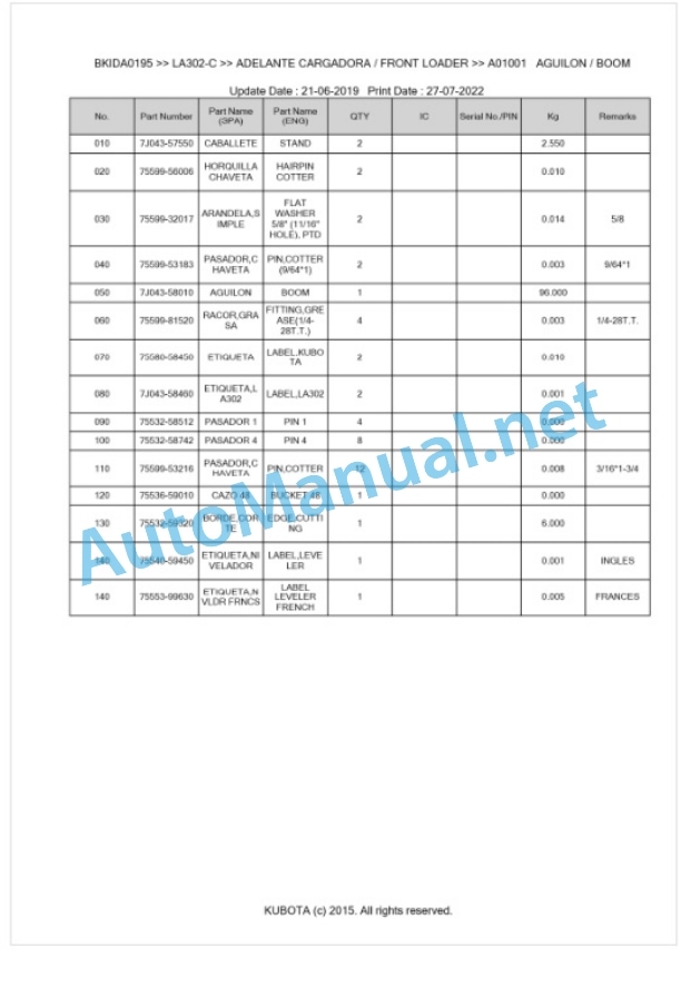 Kubota LA302-C Parts Manual PDF BKIDA0195-2