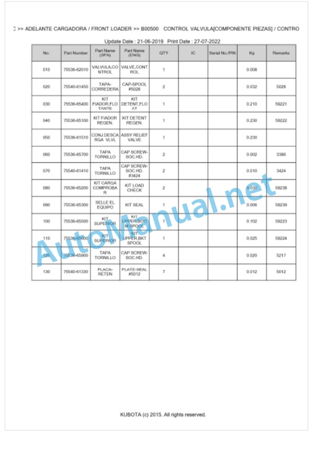 Kubota LA302-C Parts Manual PDF BKIDA0195-3