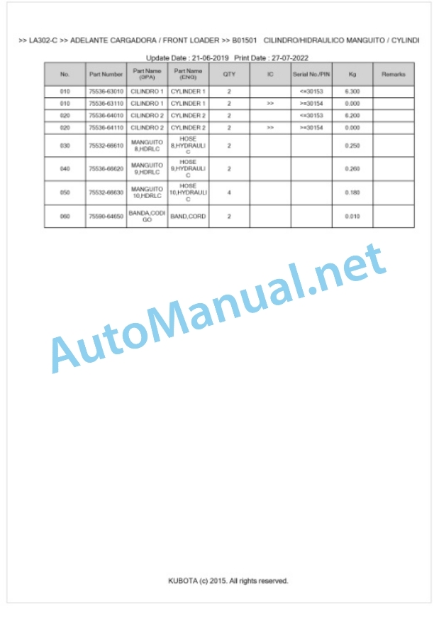 Kubota LA302-C Parts Manual PDF BKIDA0195-4