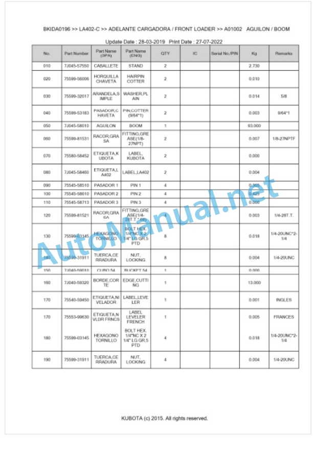 Kubota LA402-C Parts Manual PDF BKIDA0196-2