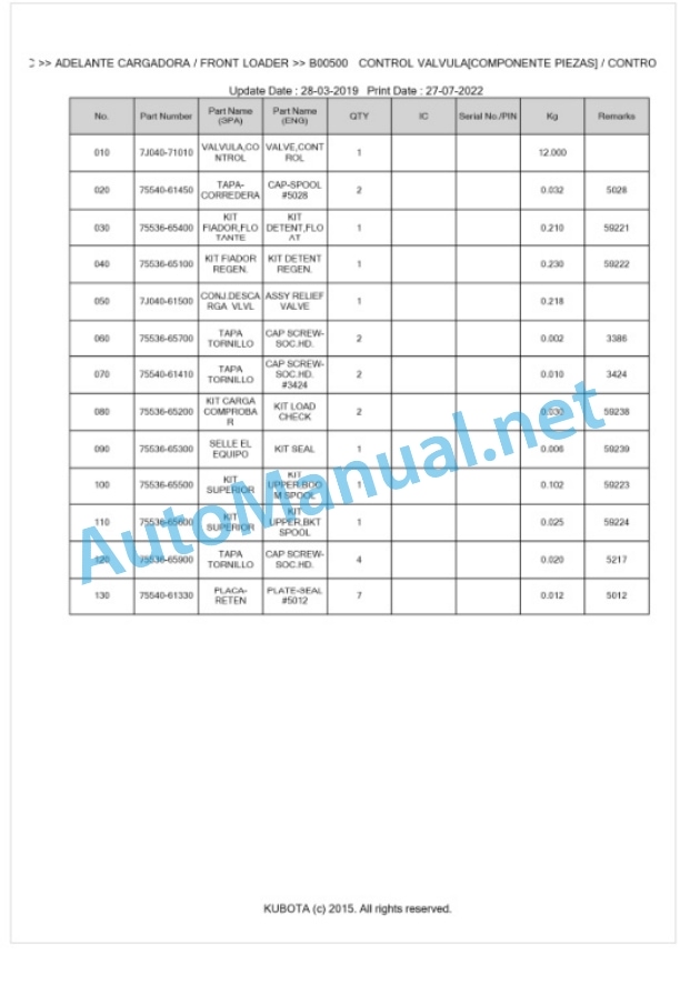 Kubota LA402-C Parts Manual PDF BKIDA0196-3