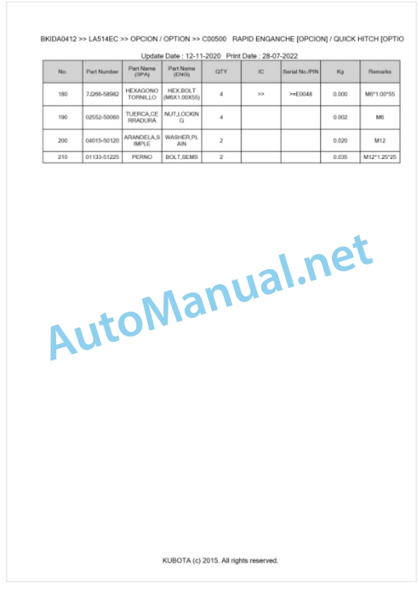 Kubota LA514EC Parts Manual PDF BKIDA0412-4