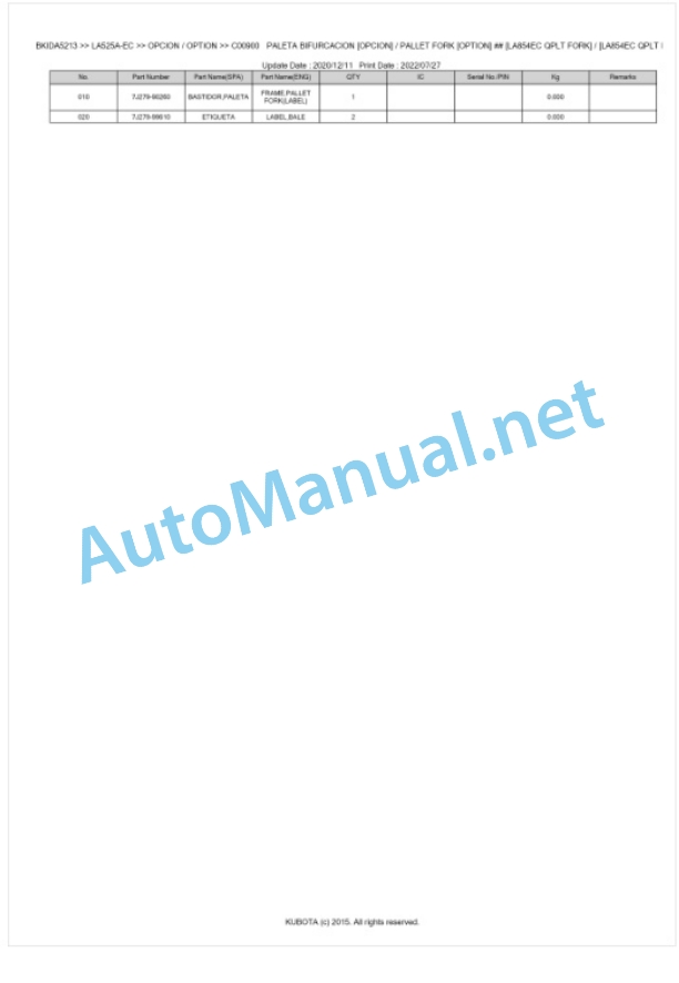 Kubota LA525A-EC Parts Manual PDF BKIDA5213-5