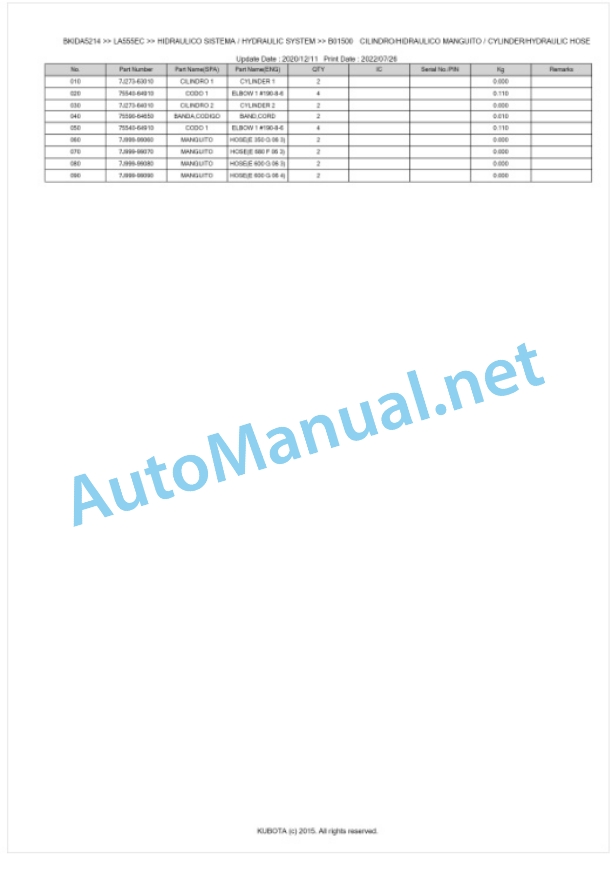 Kubota LA555EC Parts Manual PDF BKIDA5214-3