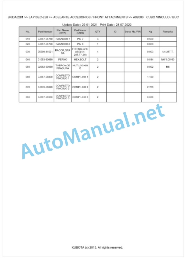 Kubota LA713EC-L38 Parts Manual PDF BKIDA0281-2