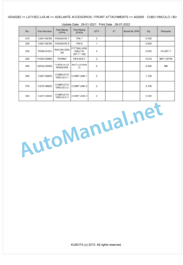 Kubota LA713EC-L43.46 Parts Manual PDF BKIDA0282-2