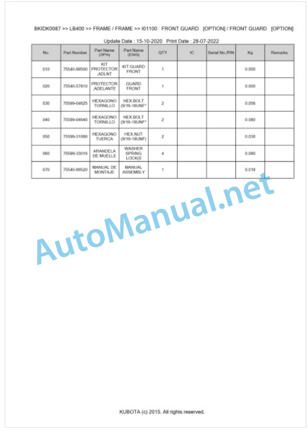 Kubota LB400 Parts Manual PDF BKIDA0087-2