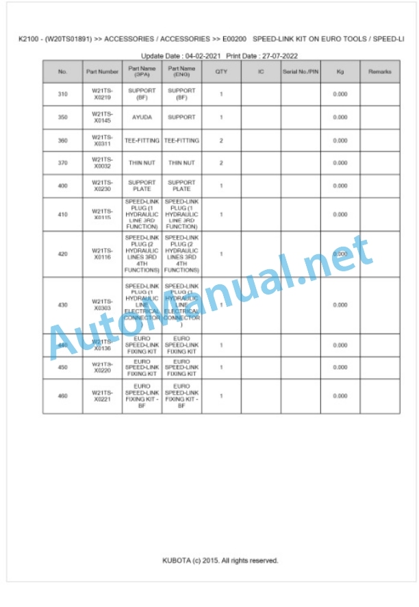 Kubota LK2100 Parts Manual PDF BKIDE5245-5