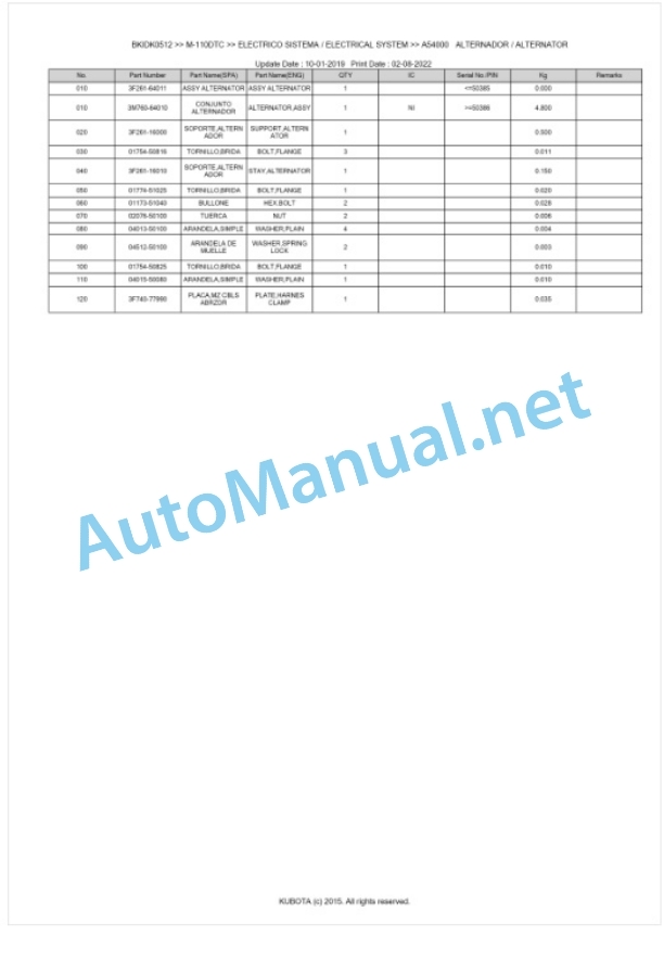 Kubota M-110, M-120 Parts Manual PDF BKIDK0512-2