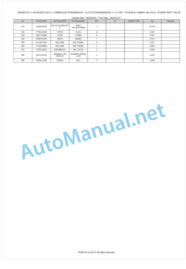 Kubota M105GX-3 Parts Manual PDF BKIDK5145-3